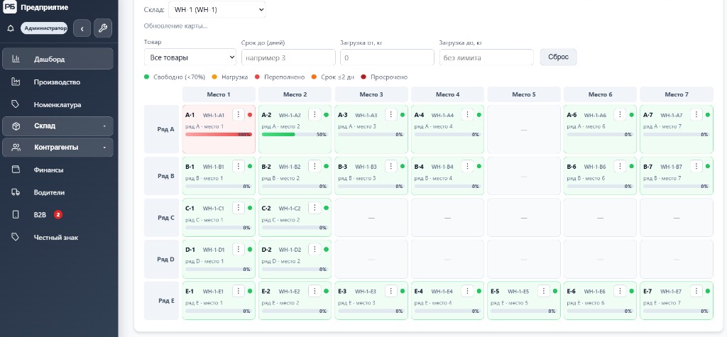 Карта ячеек склада: секции, остатки, статусы